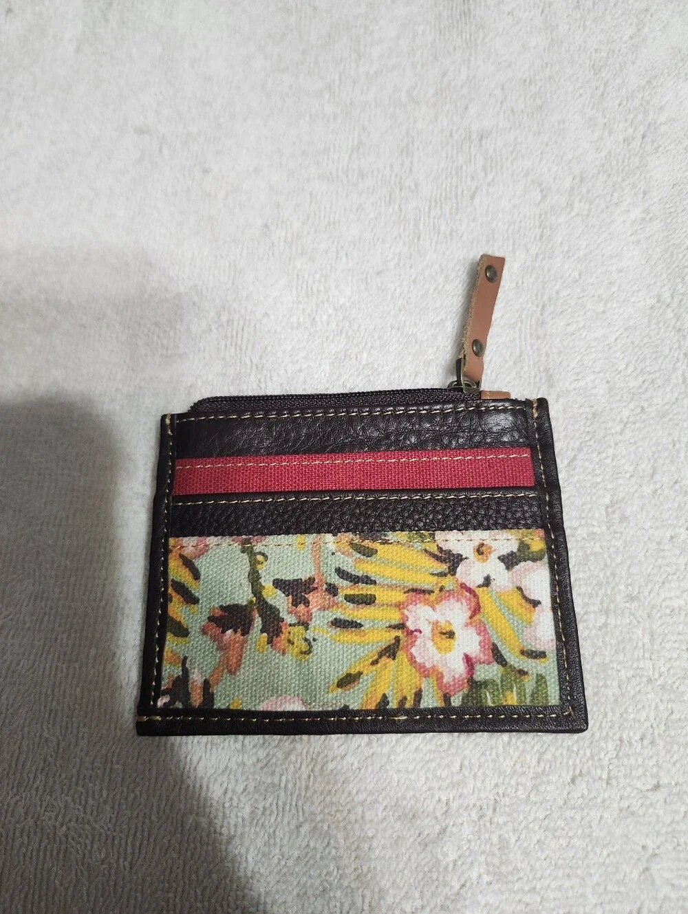 Floral Canvas Card Holder with Brown Leather Trim